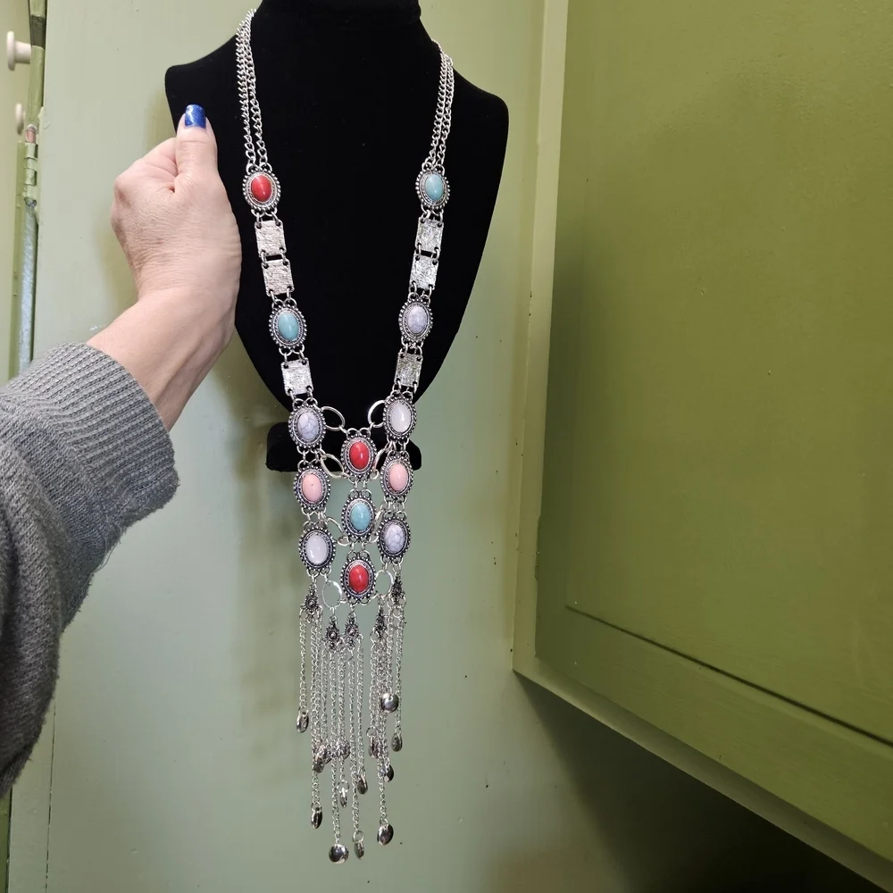 Silver Statement Necklace Maximalism Jewelry Multicolor Stones Antique Silver